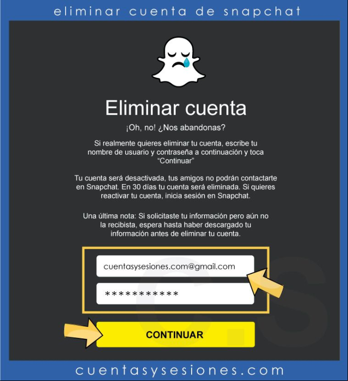 Cómo eliminar una cuenta de Snapchat - Eliminar cuenta de Snapchat desde un navegador web 